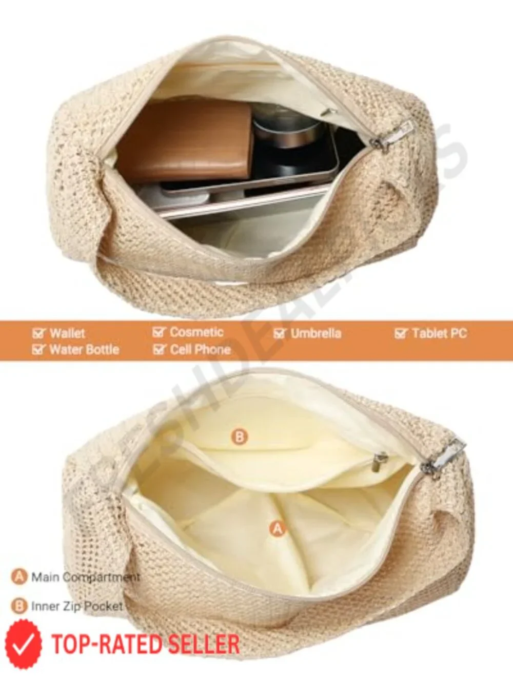 Handwoven Straw Hobo Bag for Women, Summer Beach Shoulder Purse, Top Zipper